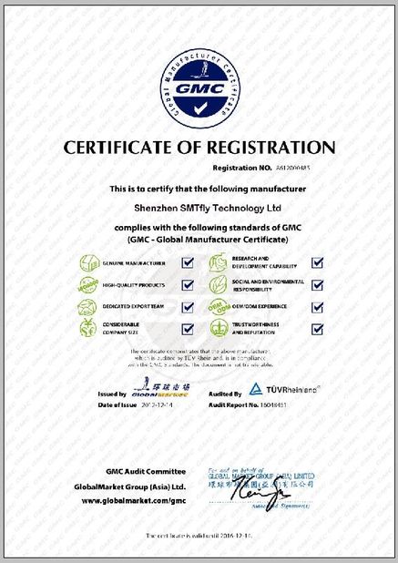 चीन Shenzhen SMTfly Electronic Equipment Manufactory Limited प्रमाणपत्र